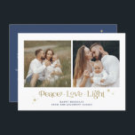 Carte Hanoukka Gold Navy Menorah Peace Love<br><div class="desc">Cette carte Hanoukka est dotée d'une police serif unique "peace love light" avec des couleurs modifiables,  deux photos carrés et d'élégantes étoiles dorées. Modifiez facilement le texte *most* et changez les couleurs pour mieux répondre à vos besoins.</div>