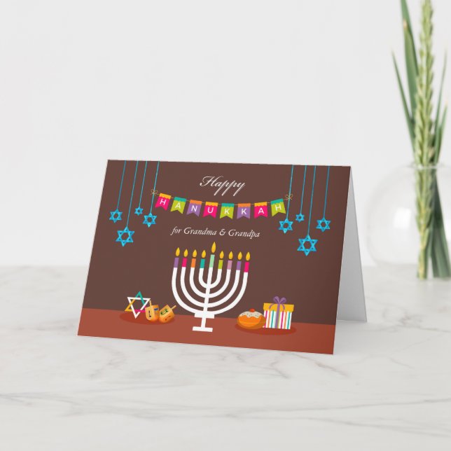 Carte Hanoukka heureuse pour grands-parents, Menorah col (Devant)