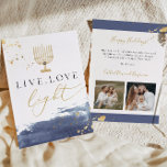 Carte Hanoukka Marine Watercolor Gold Menorah<br><div class="desc">Cette carte de voeux Hanoukka présente une pastille bleu marine, des plaques dorées en feuille d'or, une menorah d'aquarelle dorée et le dicton "live love light" en l'honneur de la fête des lumières. Modifiez facilement le libellé *most* et mettez à jour les photos pour mettre à jour vos amis et...</div>