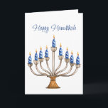 Carte Hanoukka Menorah avec des bougies bleues, blanches<br><div class="desc">Ménorah aquarelle avec bougies bleues et blanches. Un accueil et un sentiment heureux d'Hanoukka à l'intérieur peuvent être changés. L'IA a aidé graphisme acheté à des fins commerciales. Oeuvre : CosmicMeta</div>