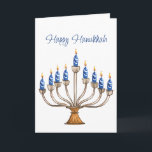 Carte Hanoukka Menorah avec des bougies bleues, blanches<br><div class="desc">Ménorah aquarelle avec bougies bleues et blanches. Un accueil et un sentiment heureux d'Hanoukka à l'intérieur peuvent être changés. L'IA a aidé graphisme acheté à des fins commerciales. Oeuvre : CosmicMeta</div>