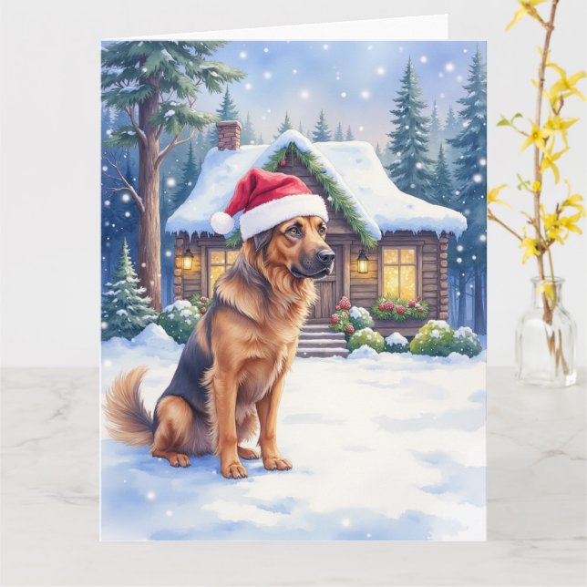Carte Hanoverian Scenthound Snowy Forest Cabin Santa Hat (Fleur jaune)