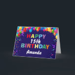 Carte Happy 15th Birthday Colorful Balloons Navy Blue<br><div class="desc">Happy 15th Birthday Colorful Balloons Confetti Navy Blue Card with personalized name. For further customization,  please click the "Customize it" button and use our design tool to modify this template.</div>