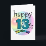 Carte Happy 18th Birthday<br><div class="desc">Gelukkige 18e verjaardag kaart.  Leuk als cadeau voor iemand die achttien is geworden.  Regenboog kleuren. 18 is in een blauwe kleur. Personaliseren door de naam te veranderen aan de binnenkant.</div>
