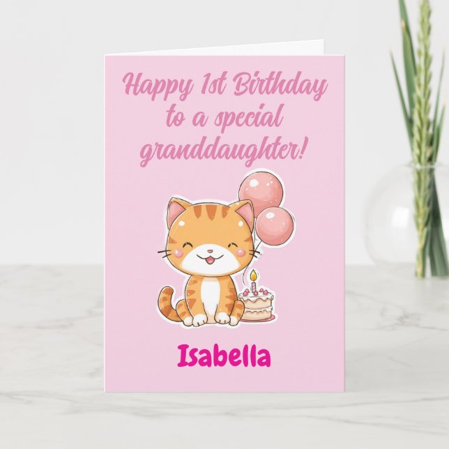 Carte Happy 1st Birthday Granddaughter, Cute Kitten (Devant)