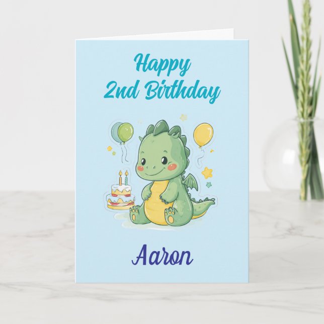Carte Happy 2nd Birthday, Cute Dragon, Personalized  (Devant)