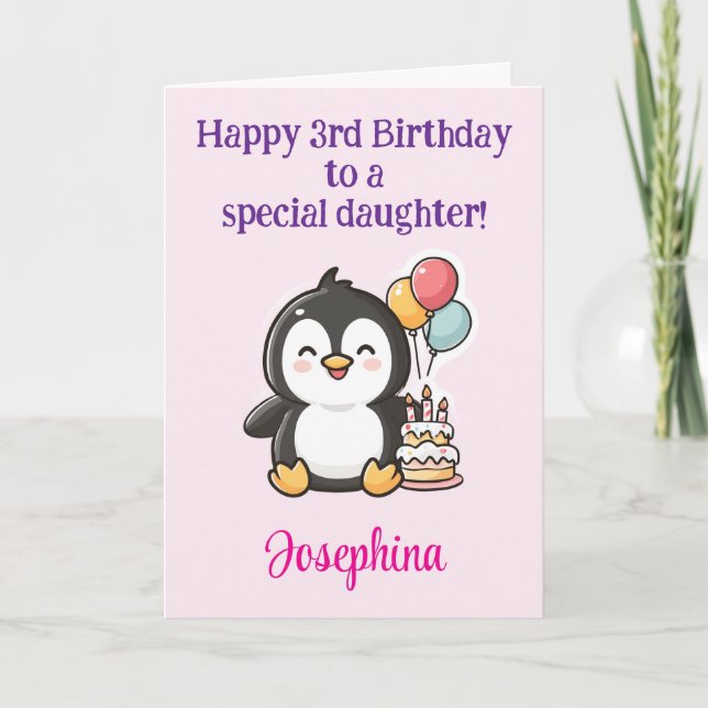 Carte Happy 3rd Birthday Daughter, Penguin Personalized  (Devant)
