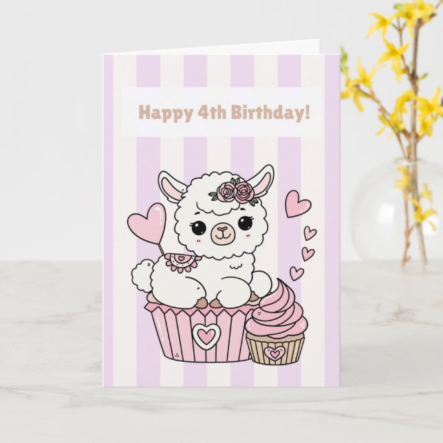 Carte Happy 4th Birthday Cute Llama Girl Card (Fleur jaune)