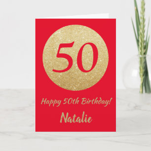 Carte Happy 50th Birthday Red and Gold Glitter Card