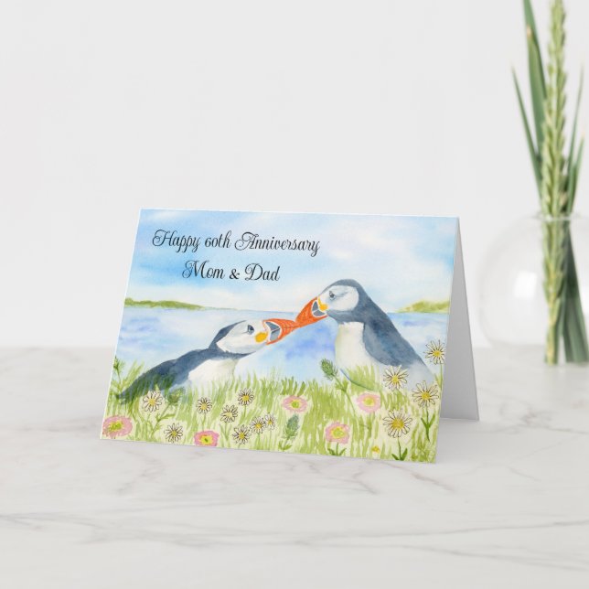 Carte Happy 60th Anniversary Mom & Dad Puffins  (Devant)