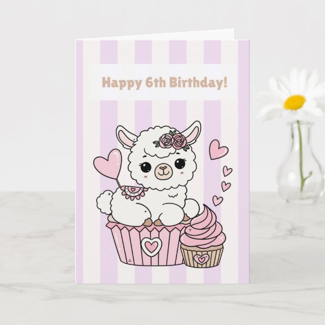 Carte Happy 6th Birthday Cute Llama Girl Card (Petite plante)