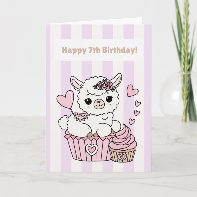 Carte Happy 7th Birthday Cute Llama Girl Card (Devant)