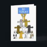 Carte Happy 80th Birthday Cute Cartoon Cats<br><div class="desc">Cartoon cats standing on each's shoulders with the top cat holding a large blue sign that says 'Happy 80th Birthday'.</div>