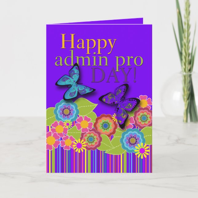 Carte Happy Admin Pro Day, papillons et fleurs (Devant)