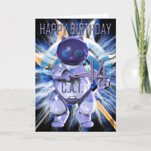 Carte Happy Birthday 14th, Robot Cat, Techno Modern