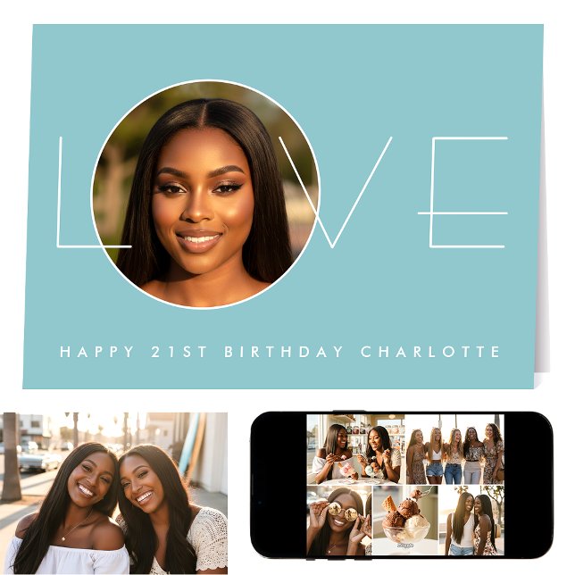 Carte Happy Birthday 7 Photo Collage Love Elegant Blue (Créateur téléchargé)