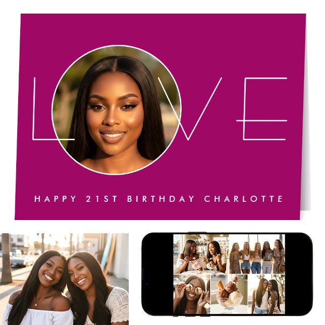 Carte Happy Birthday 7 Photo Love Elegant Dark Pink (Créateur téléchargé)