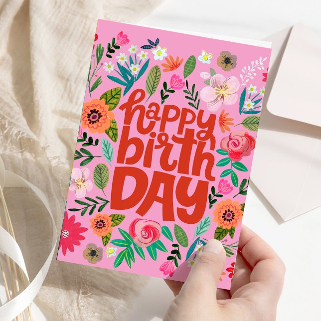 Carte Happy Birthday Bright Floral Pink Garden Card (Happy Birthday Bright Floral Pink Garden Card)