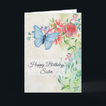Carte Happy Birthday, Butterfly and Flowers<br><div class="desc">This pretty birthday card has a watercolor look. On the upper left is a pretty light blue butterfly. It is hovering over flowers which include a pink rose, daisies, and blue flowers. There are light green leaves and pretty twining vines as well. All of the text can be changed to...</div>