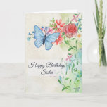 Carte Happy Birthday, Butterfly and Flowers<br><div class="desc">This pretty birthday card has a watercolor look. On the upper left is a pretty light blue butterfly. It is hovering over flowers which include a pink rose, daisies, and blue flowers. There are light green leaves and pretty twining vines as well. All of the text can be changed to...</div>