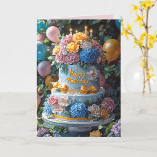 Carte Happy Birthday Cake Candles Pretty Flowers Bows