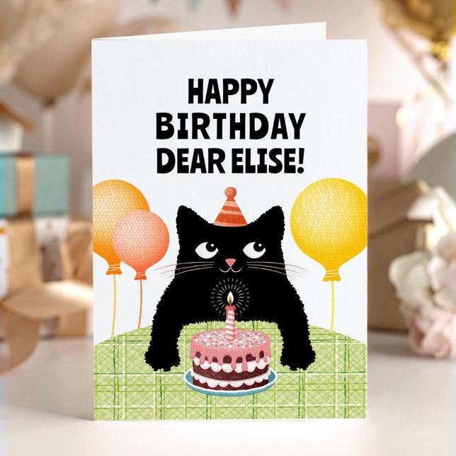 Carte Happy Birthday custom name with black kitten (Créateur téléchargé)