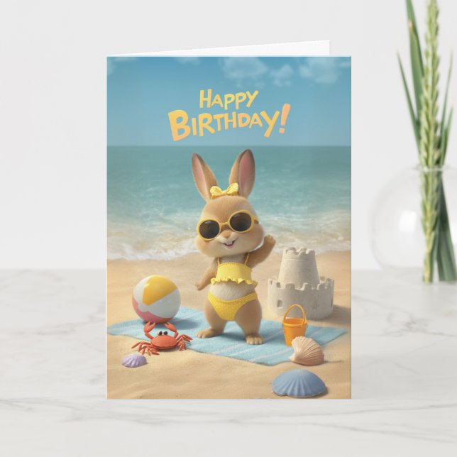 Carte Happy Birthday Cute Bunny Beach Summer Birthday (Devant)
