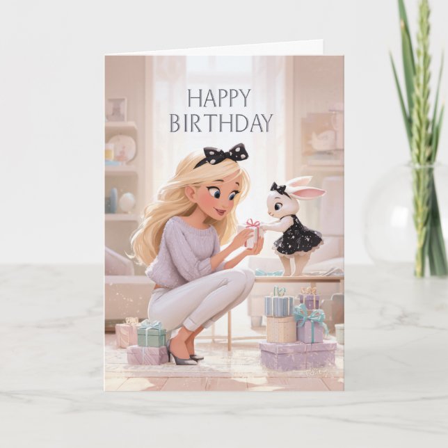 Carte Happy Birthday Elegant Woman and Bunny Gift Giving (Devant)