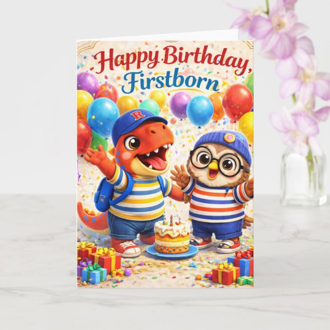 Carte Happy birthday first born cute dinosaur and owl ca (Orchidée)
