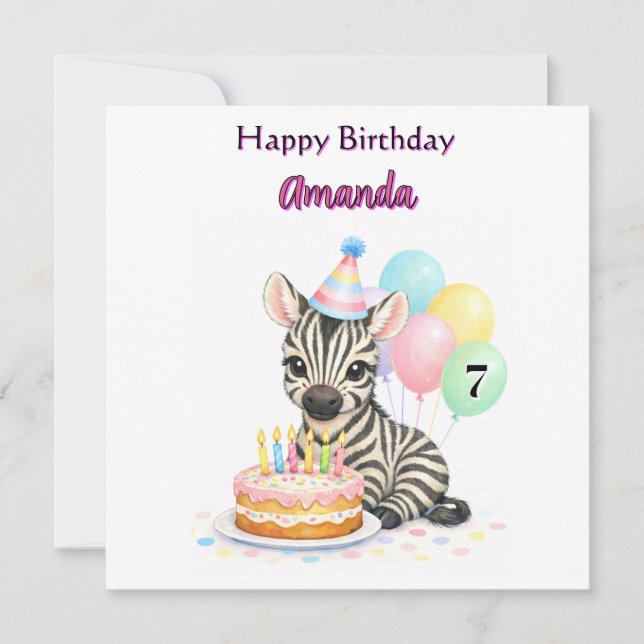 Carte Happy Birthday for Age 7 Girls Zebra Card (Devant)