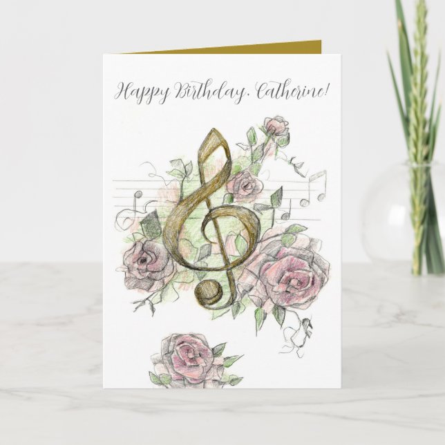 Carte Happy Birthday Music Note Treble Clef Roses Custom (Devant)