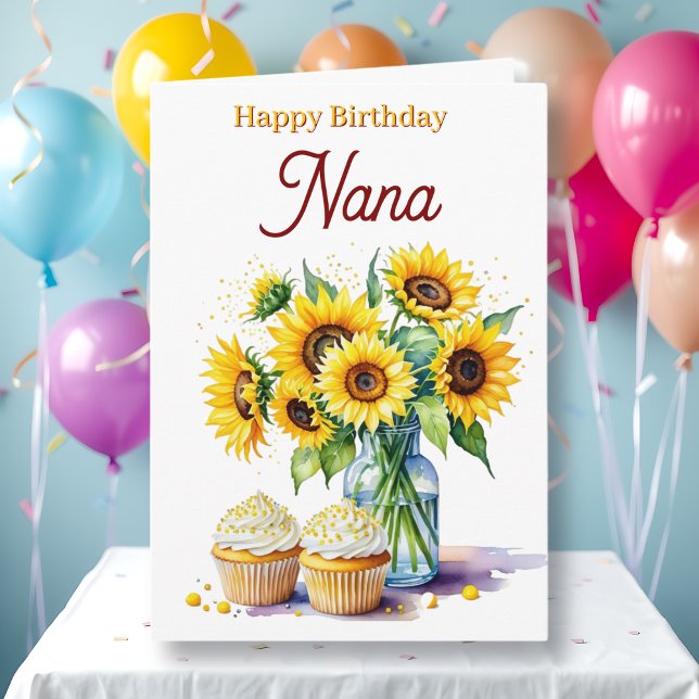 Carte Happy Birthday Nana | Sunflowers and Cupcakes (Créateur téléchargé)