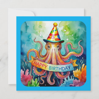 Carte Happy Birthday Octopus Party Hat Watercolor Design