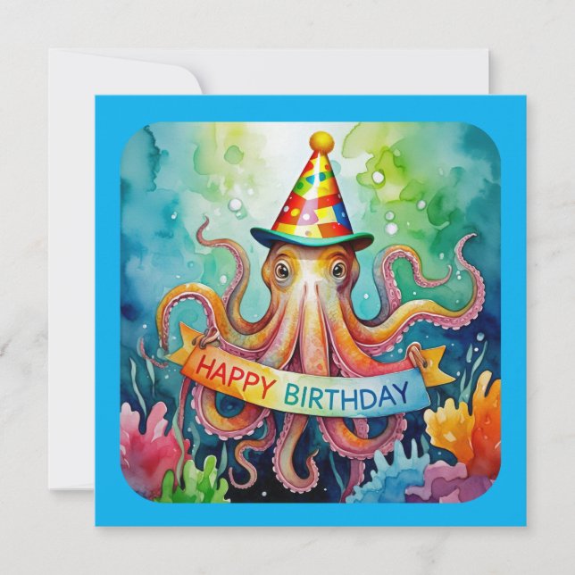 Carte Happy Birthday Octopus Party Hat Watercolor Design (Devant)