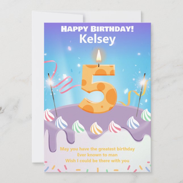 Carte Happy Birthday personnalisée pour cinq ans (Devant)