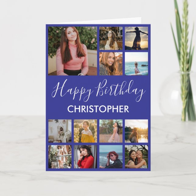 Carte Happy Birthday Photo Collage 13 Photos Navy Blue (Devant)