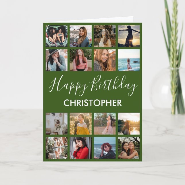 Carte Happy Birthday Photo Collage 16 Photos Green (Devant)