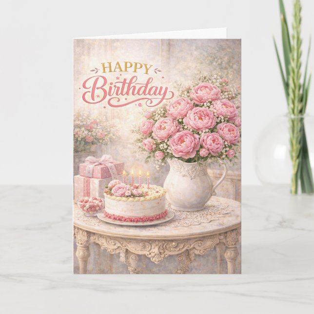 Carte Happy Birthday Pink Peony Cottage Still Life (Devant)