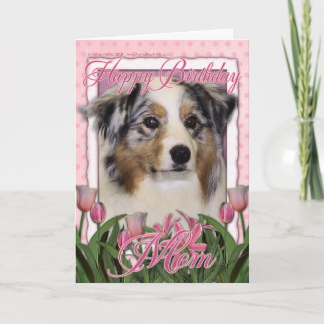 Carte Happy Birthday - Pink Tulips - Australian Shepherd (Devant)