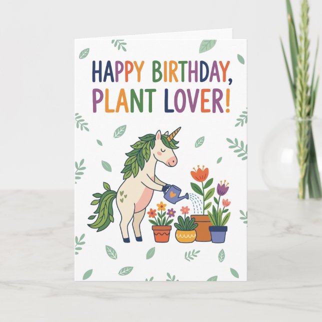 Carte Happy Birthday Plant Lover Unicorn Watering Flower (Devant)
