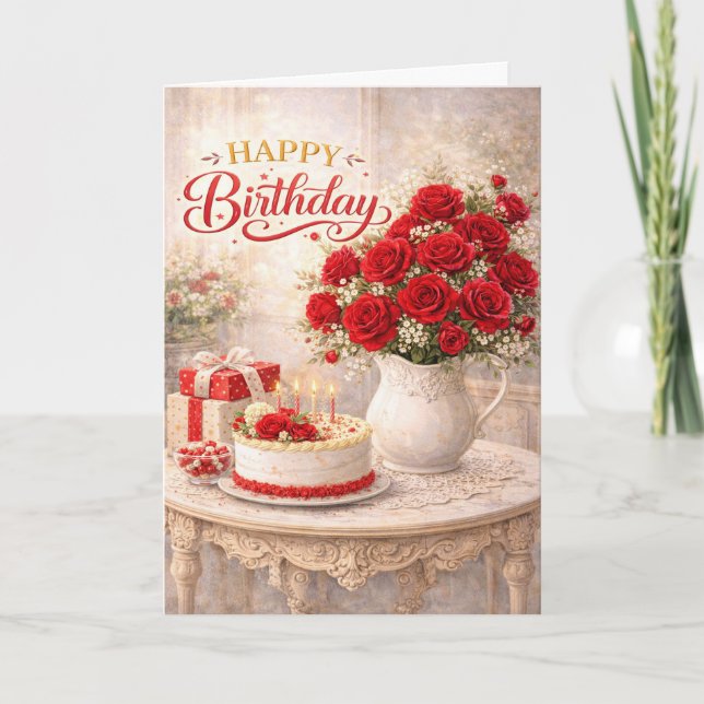 Carte Happy Birthday Red Rose Cottage Still Life (Devant)
