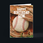 Carte Happy Birthday Son Baseball and Old Mitt<br><div class="desc">Parfait pour les amateurs de baseball ! A baseball and mitt in the tall summer grass - totally customizable for you to personalize as you please!</div>