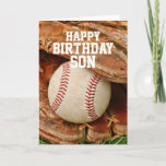 Carte Happy Birthday Son Baseball and Old Mitt<br><div class="desc">Parfait pour les amateurs de baseball ! A baseball and mitt in the tall summer grass - totally customizable for you to personalize as you please!</div>