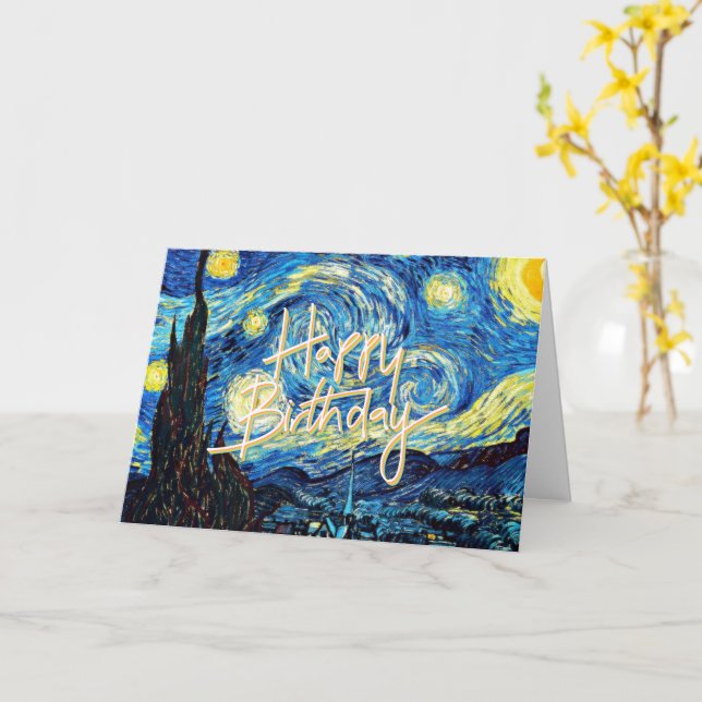 Carte Happy Birthday, Starry Night fine art, (Fleur jaune)