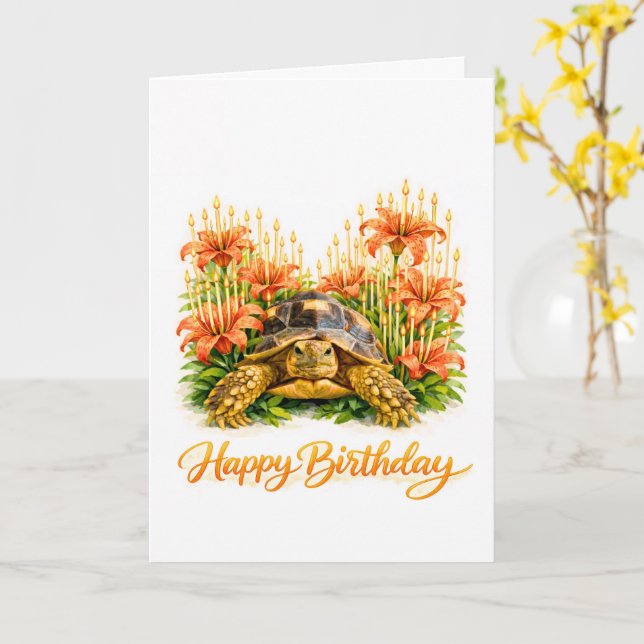 Carte Happy Birthday Sulcata turtle with Orange Lilies (Fleur jaune)