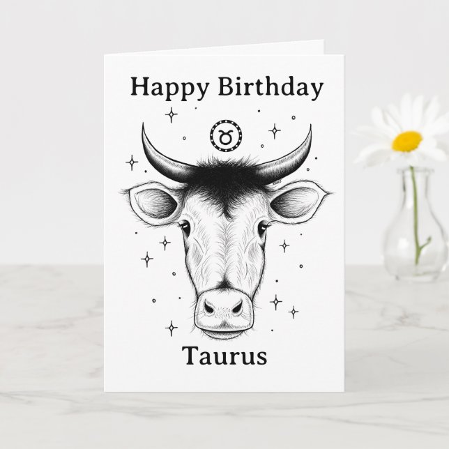Carte Happy Birthday Taurus Bull Hand-drawn (Petite plante)
