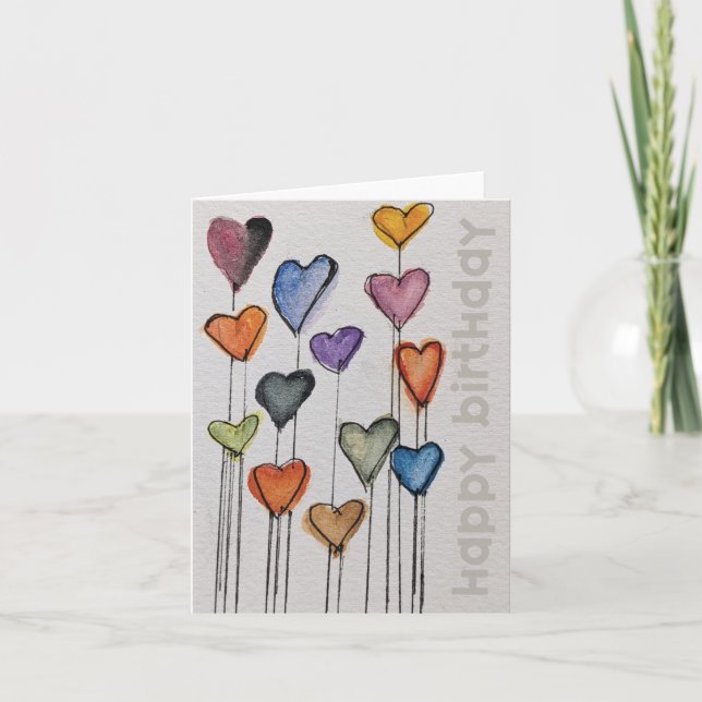 Carte Happy Birthday Watercolor Hearts Card (Devant)