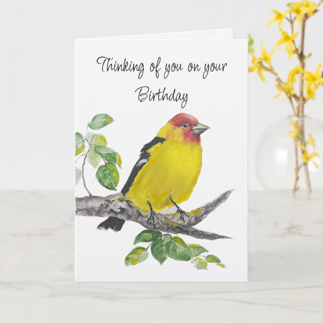 Carte Happy Birthday Watercolor Western Tanager Bird (Fleur jaune)