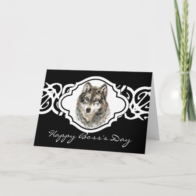 Carte Happy Boss's Day Watercolor Grey Wolf-Animal (Devant)