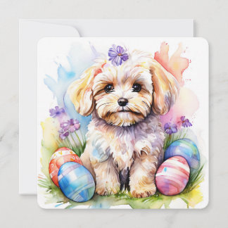 Carte Happy Easter Card Cute Maltipoo Watercolor Dog